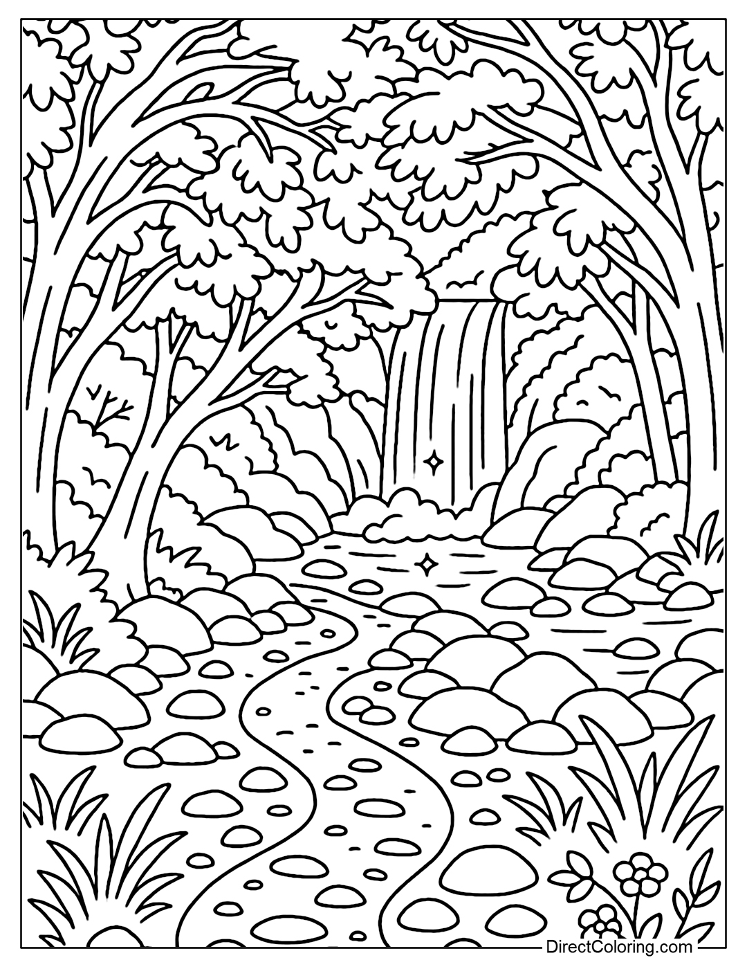 Coloring page of a small path leading to a waterfall in the middle of a summer forest, with a curved canopy, boulders, and a cool, sparkling stream.